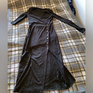 Plunging Neck Solid Black Faux Bottons